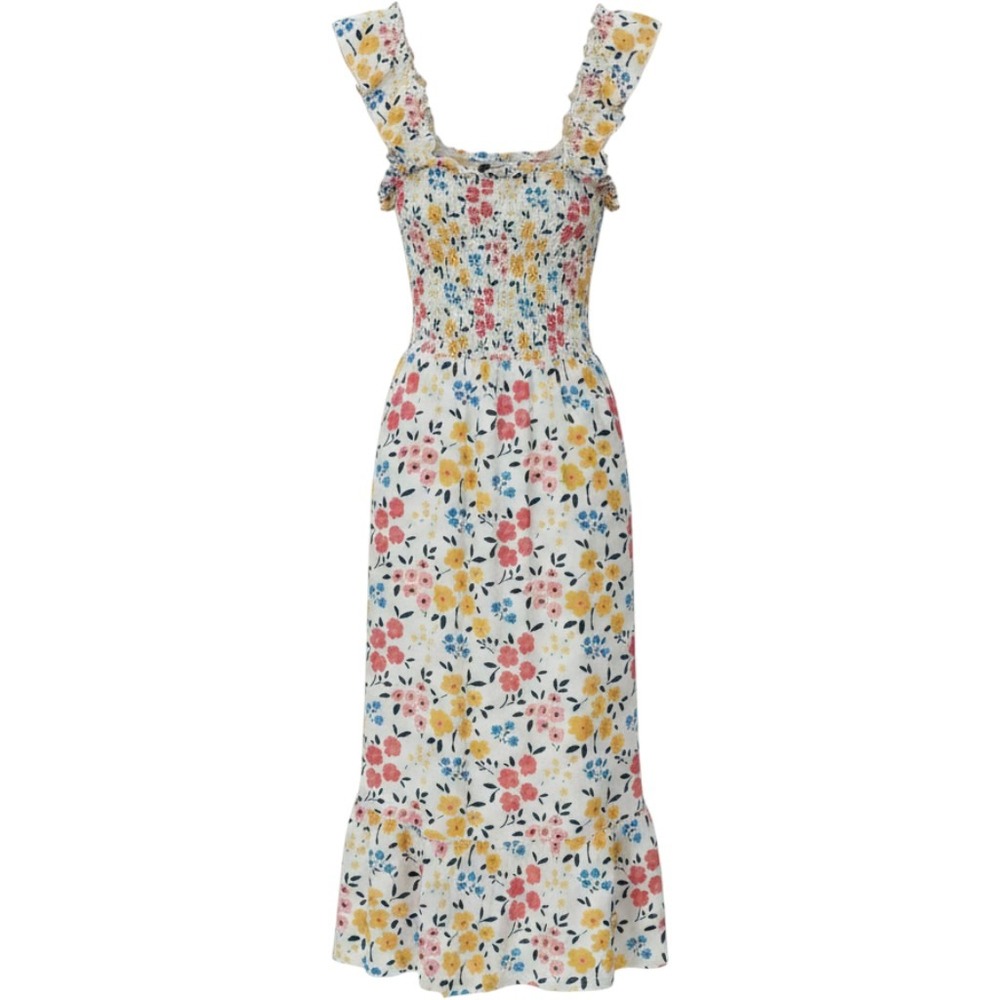 Nevena Rae Midi Dress Womens S White Floral Smocked Cottagecore Ruffle Tiered